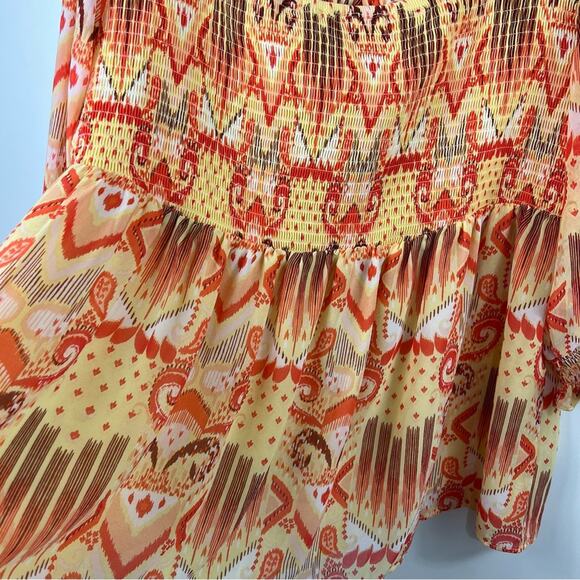Torrid Yellow Orange Tribal Smocked Ruffle Square Neck Sheer Sleeve Blouse 3X - Picture 7 of 14